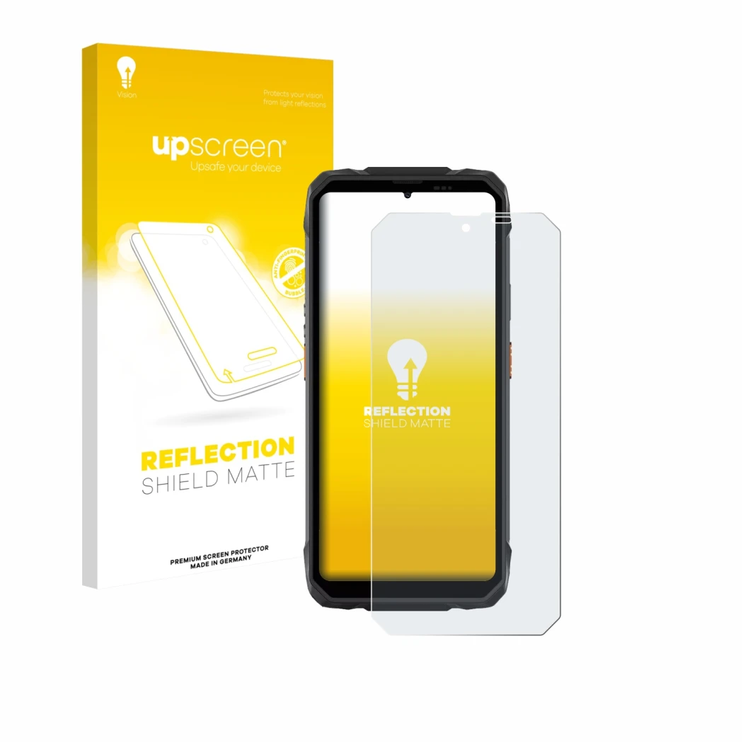 Face avant d’un emballage produit avec le logo de la marque upscreen. À côté, l’appareil Blackview Rock 1 est représenté avec 