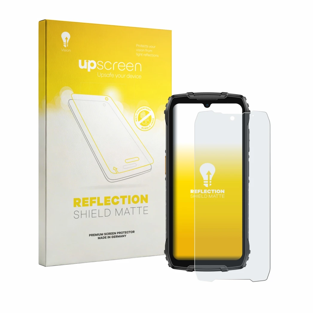 Face avant d’un emballage produit avec le logo de la marque upscreen. À côté, l’appareil Ulefone RugKing 4 Pro est représenté