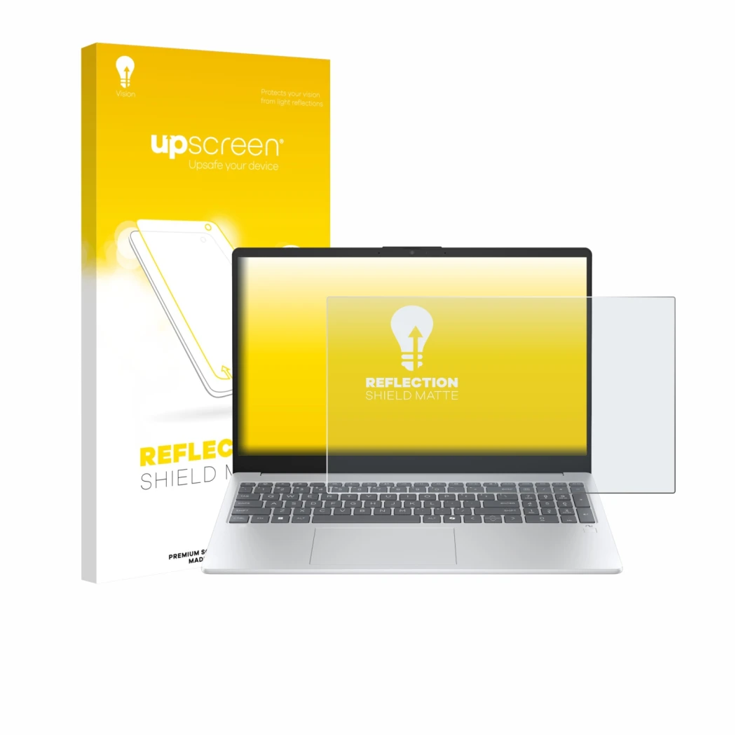 Face avant d’un emballage produit avec le logo de la marque upscreen. À côté, l’appareil HP OmniBook 3 15