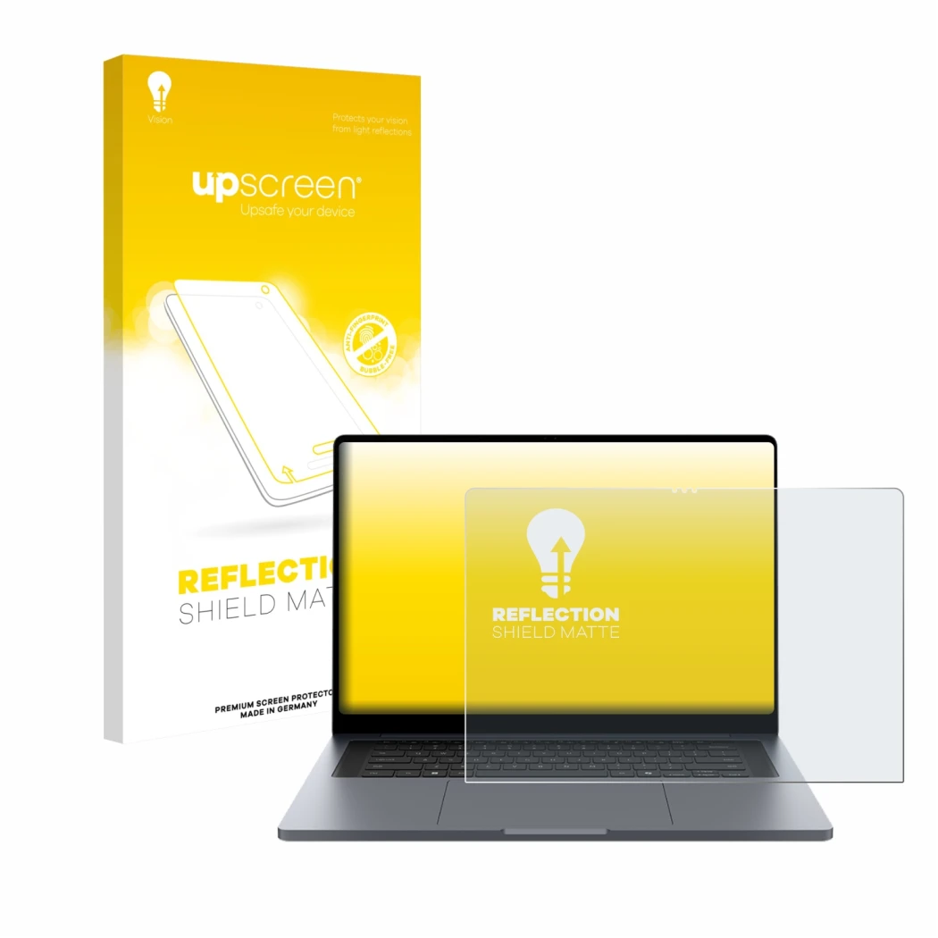 Face avant d’un emballage produit avec le logo de la marque upscreen. À côté, l’appareil Samsung Galaxy Book6 Ultra 16