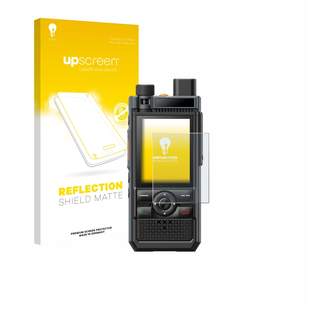 Face avant d’un emballage produit avec le logo de la marque upscreen. À côté, l’appareil Hytera P50 est représenté avec la pro
