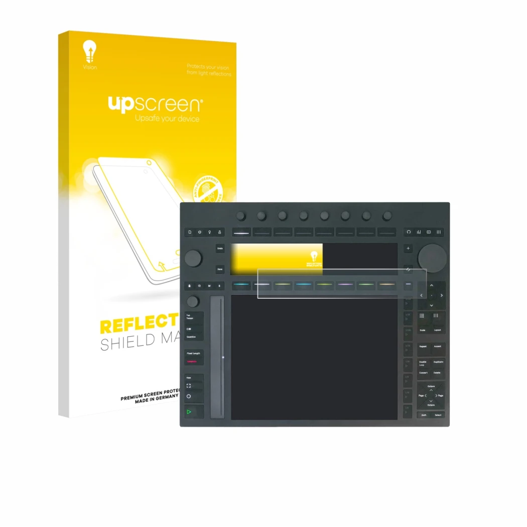Face avant d’un emballage produit avec le logo de la marque upscreen. À côté, l’appareil Ableton Push 3 est représenté avec la