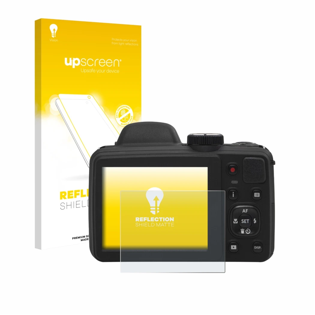 Face avant d’un emballage produit avec le logo de la marque upscreen. À côté, l’appareil Kodak Pixpro AZ405 est représenté ave