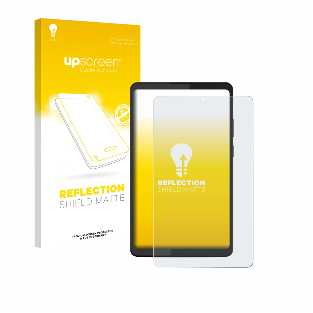 Face avant d’un emballage produit avec le logo de la marque upscreen. À côté, l’appareil Lenovo Tab K9 est représenté avec la