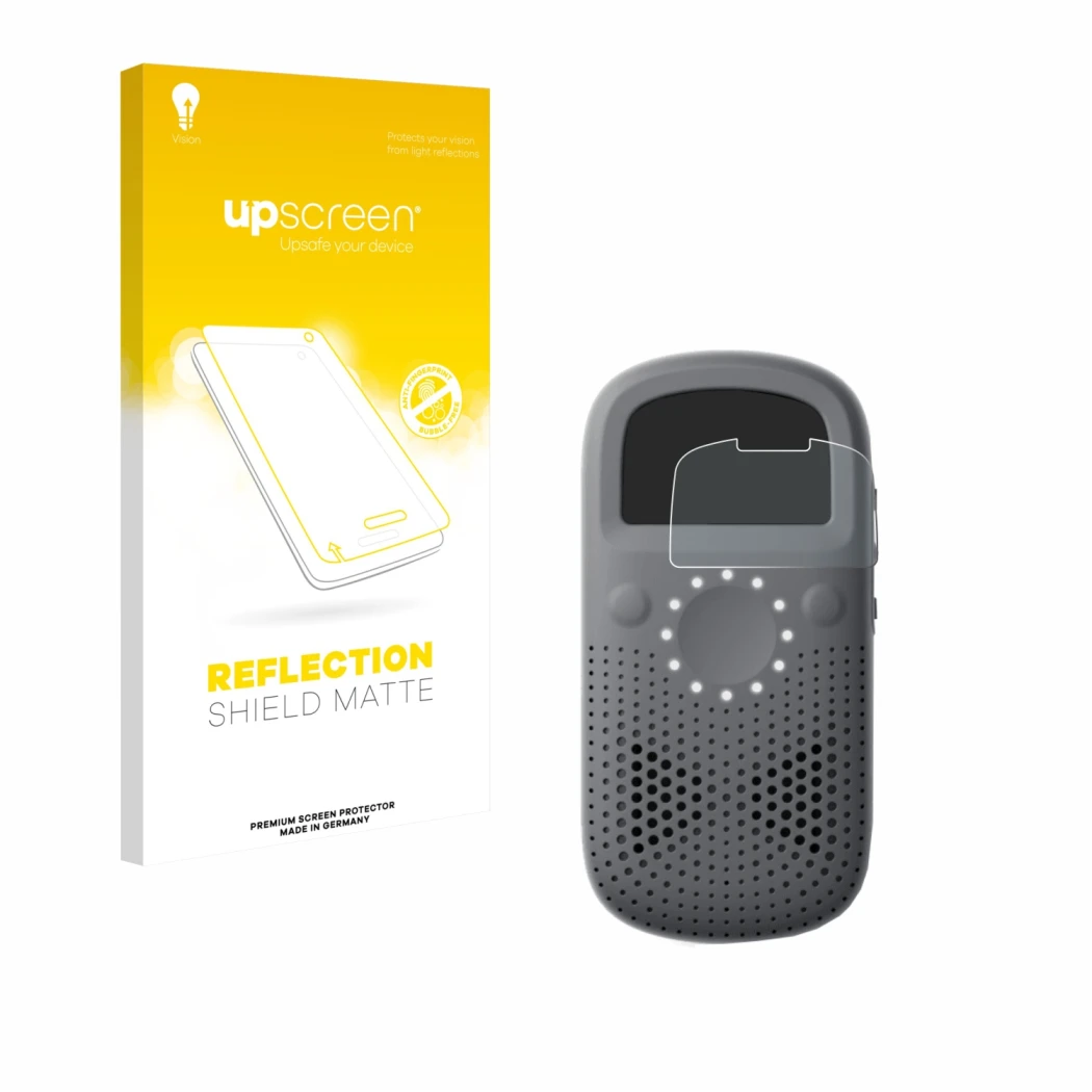 Face avant d’un emballage produit avec le logo de la marque upscreen. À côté, l’appareil Relay X est représenté avec la protec