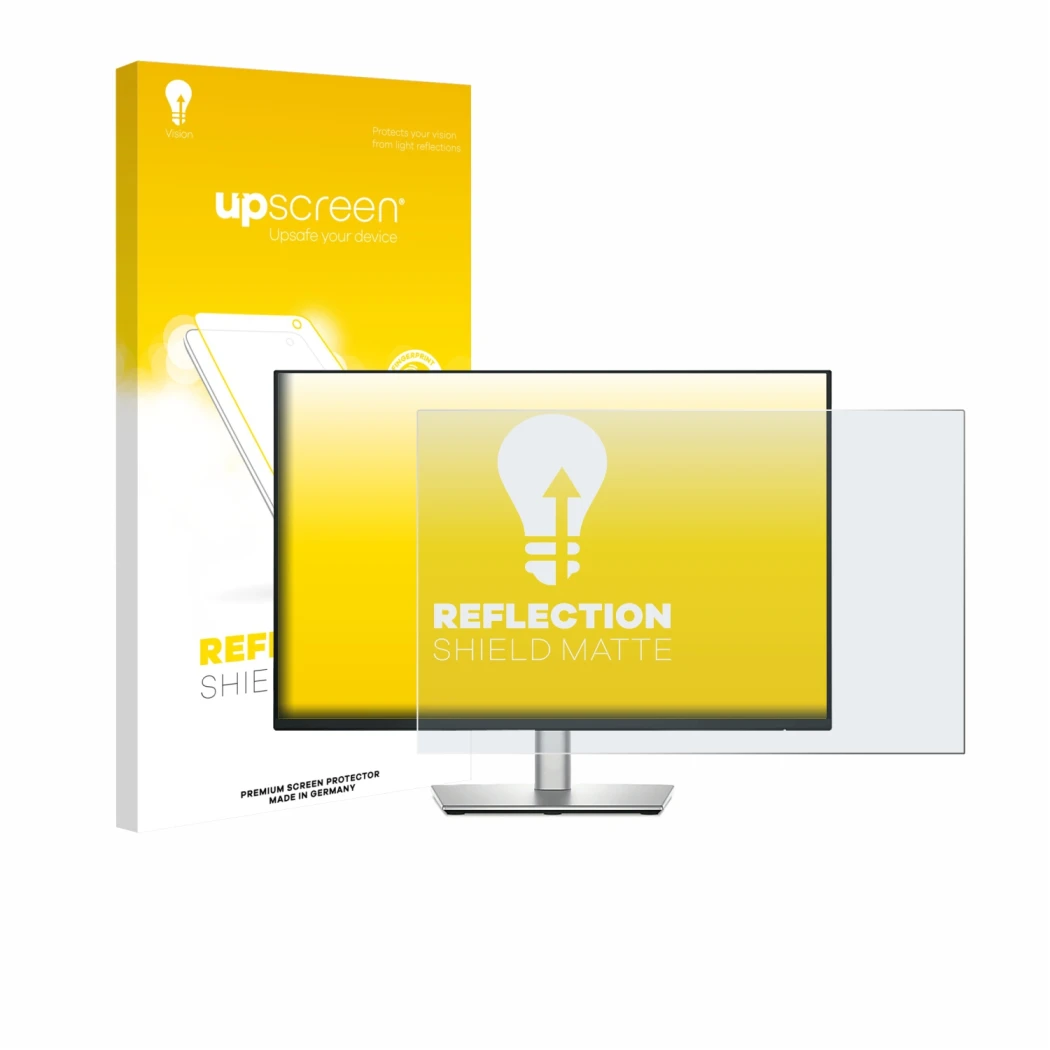 Face avant d’un emballage produit avec le logo de la marque upscreen. À côté, l’appareil Dell P2425E est représenté avec la pr