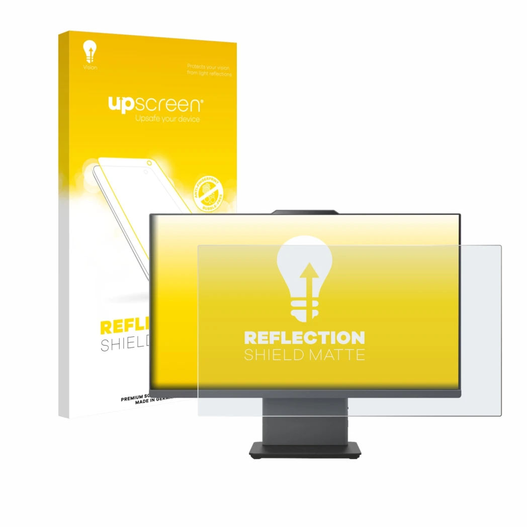 Face avant d’un emballage produit avec le logo de la marque upscreen. À côté, l’appareil Lenovo ThinkCentre Neo 55a Gen 6 24