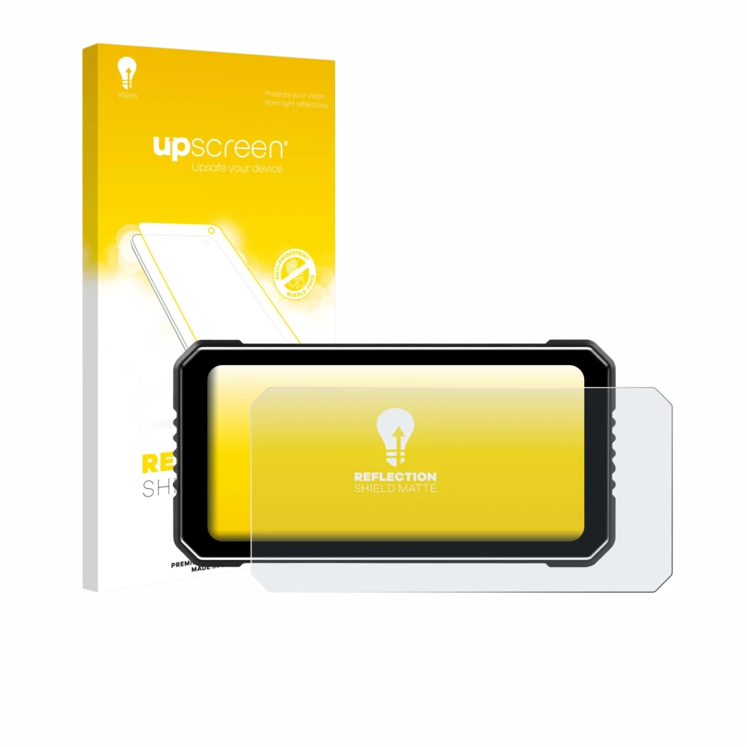 Face avant d’un emballage produit avec le logo de la marque upscreen. À côté, l’appareil Vtopek MT26 6.25