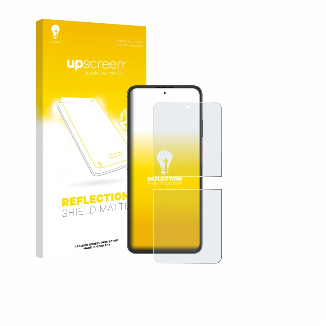 Face avant d’un emballage produit avec le logo de la marque upscreen. À côté, l’appareil Nubia Flip 2 est représenté avec la p