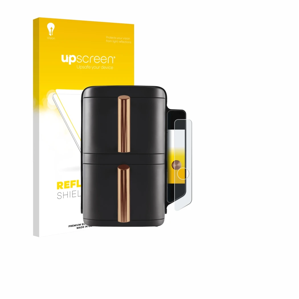 Face avant d’un emballage produit avec le logo de la marque upscreen. À côté, l’appareil Ninja Double Stack XL sl400eu est rep