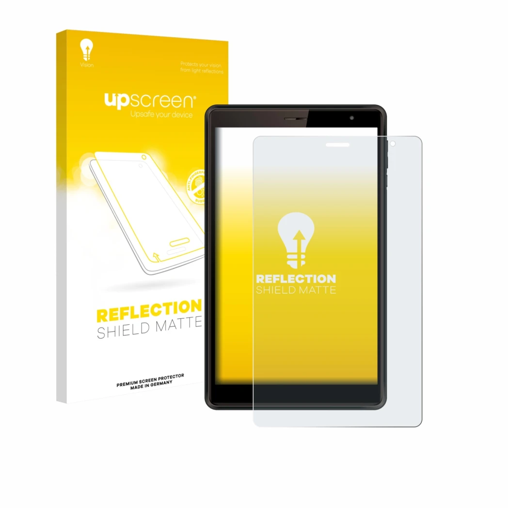 Face avant d’un emballage produit avec le logo de la marque upscreen. À côté, l’appareil Logicom Tab 80 8