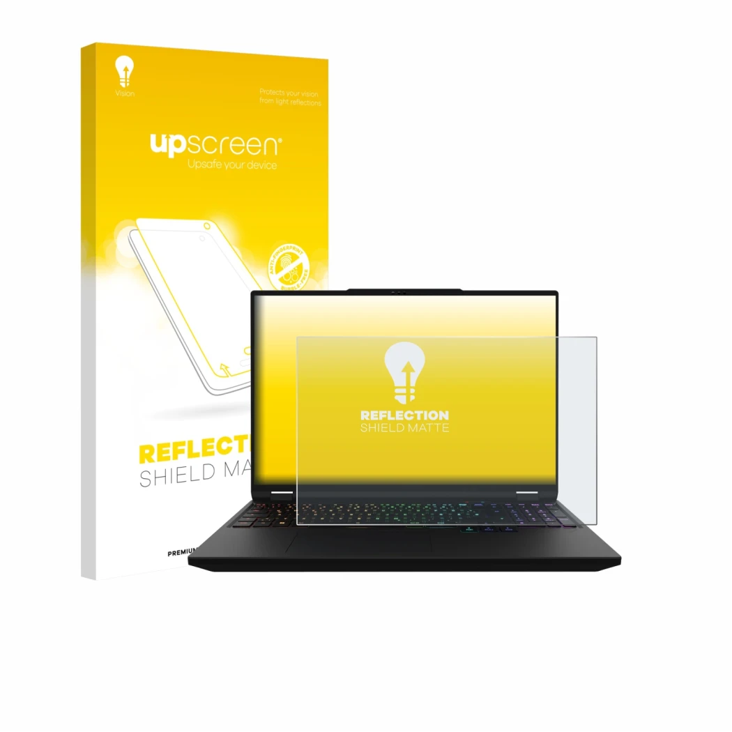 Face avant d’un emballage produit avec le logo de la marque upscreen. À côté, l’appareil XMG Apex 16 Max est représenté avec l