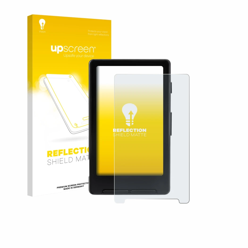 Face avant d’un emballage produit avec le logo de la marque upscreen. À côté, l’appareil Xteink X4 est représenté avec la prot