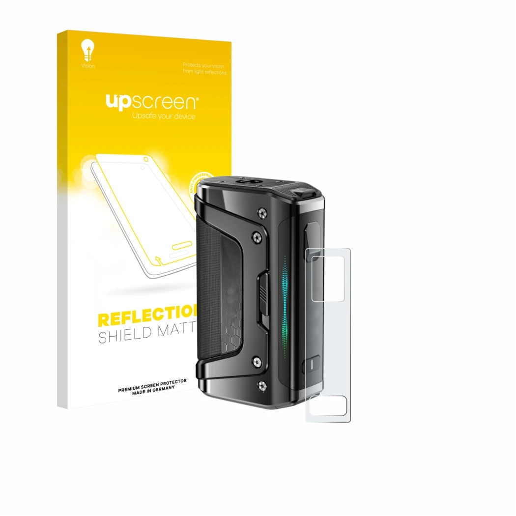 Face avant d’un emballage produit avec le logo de la marque upscreen. À côté, l’appareil GeekVape Aegis Legend 5 est représent