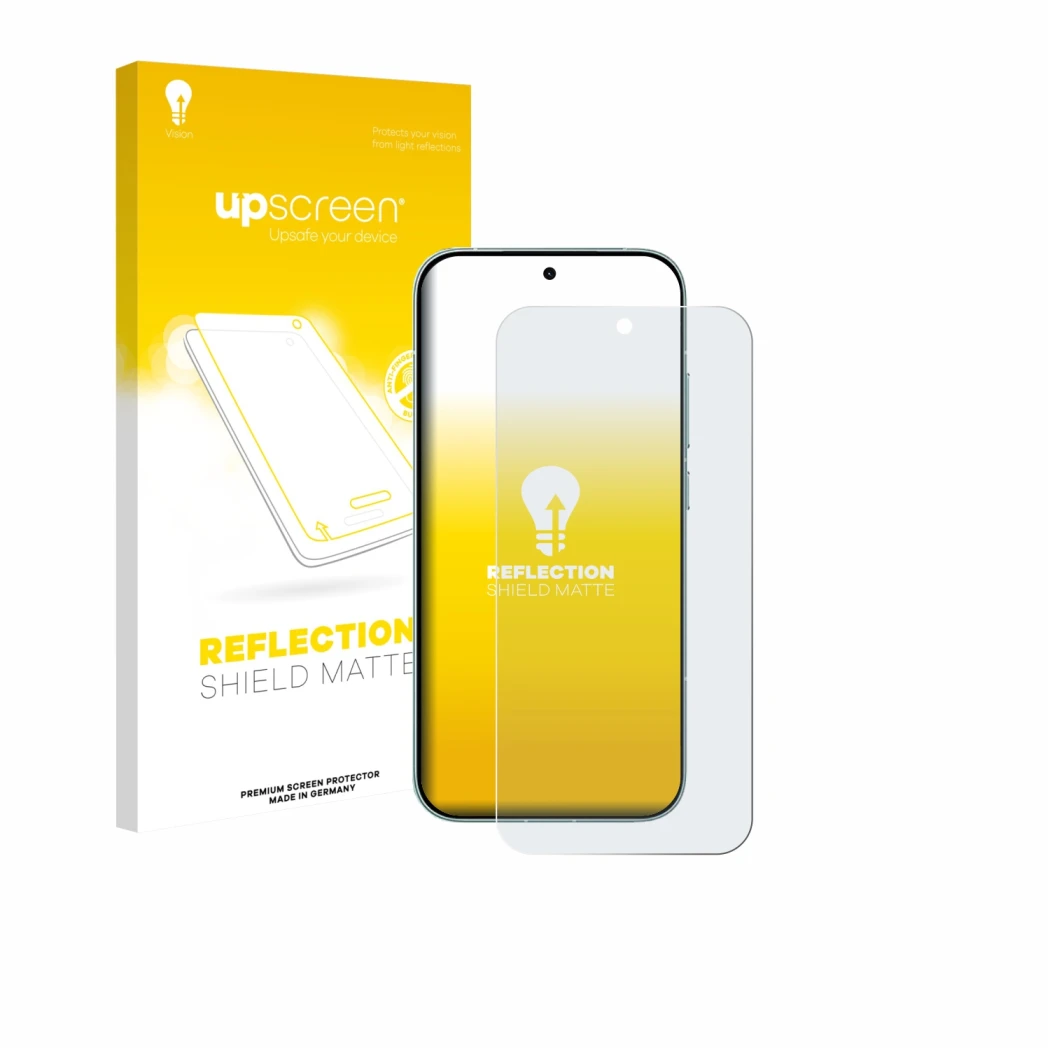 Face avant d’un emballage produit avec le logo de la marque upscreen. À côté, l’appareil Xiaomi Redmi Turbo 5 est représenté a