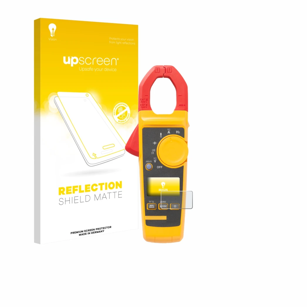 Face avant d’un emballage produit avec le logo de la marque upscreen. À côté, l’appareil Fluke 325 est représenté avec la prot
