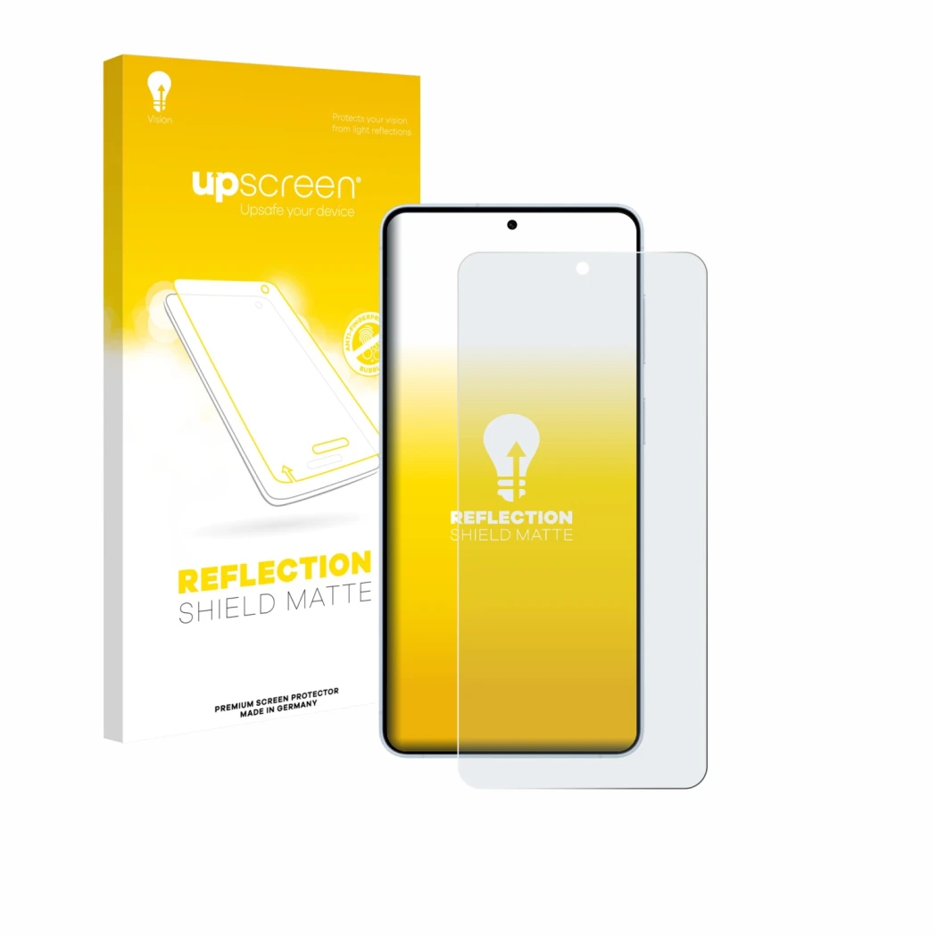 Face avant d’un emballage produit avec le logo de la marque upscreen. À côté, l’appareil Samsung Galaxy S26 Plus est représent