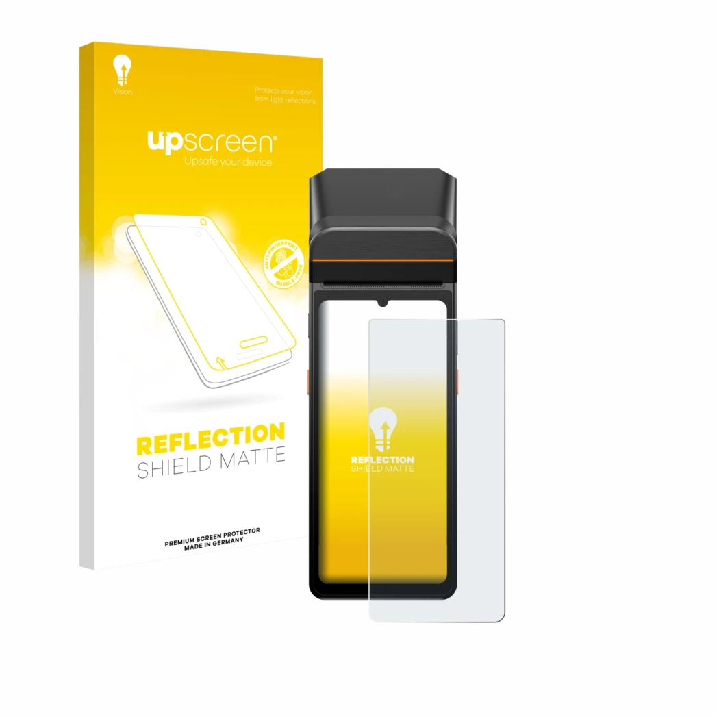 Face avant d’un emballage produit avec le logo de la marque upscreen. À côté, l’appareil Sunmi V3 A13 est représenté avec la p