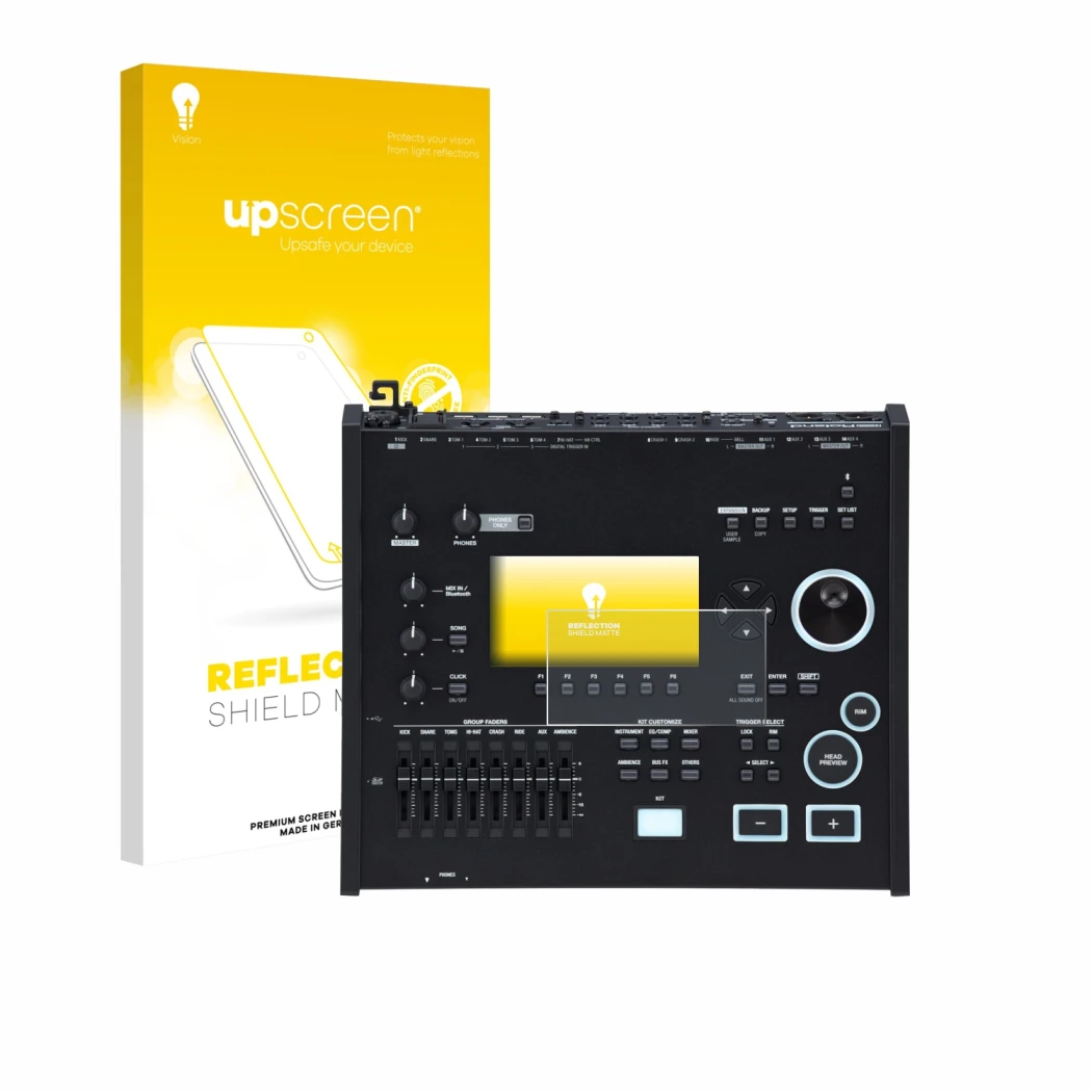 Face avant d’un emballage produit avec le logo de la marque upscreen. À côté, l’appareil Roland V71 est représenté avec la pro