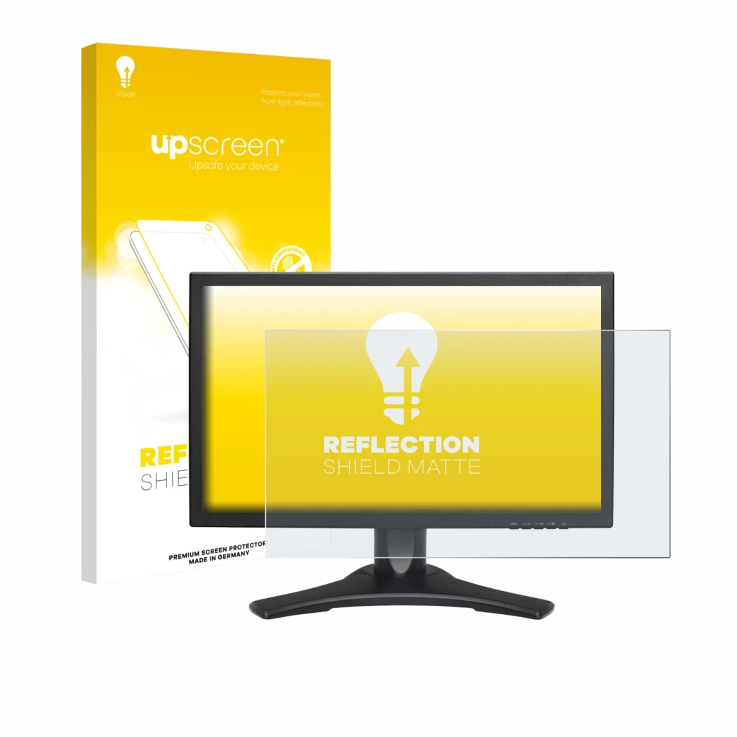 Face avant d’un emballage produit avec le logo de la marque upscreen. À côté, l’appareil Hanns.G HP227 est représenté avec la 