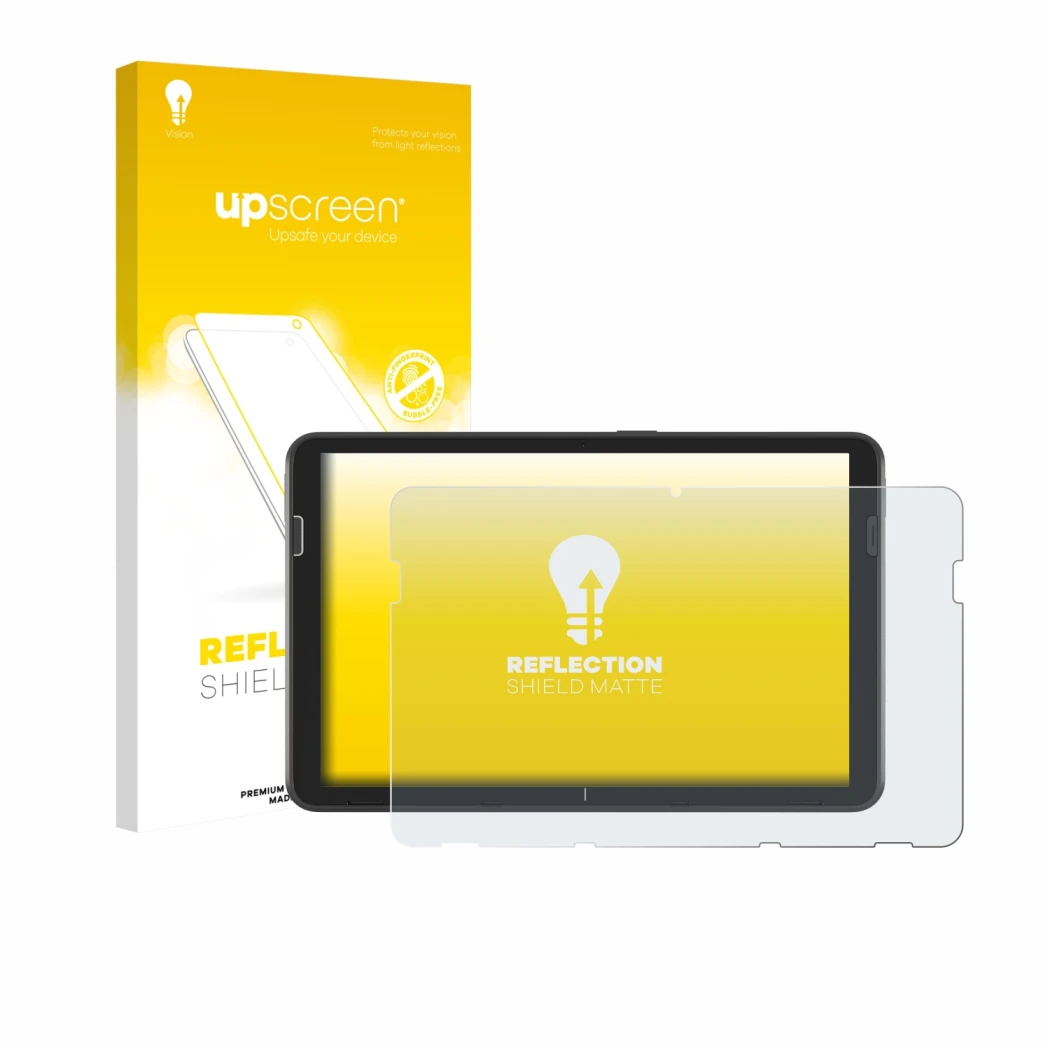 Face avant d’un emballage produit avec le logo de la marque upscreen. À côté, l’appareil Zebra ET401 10.1