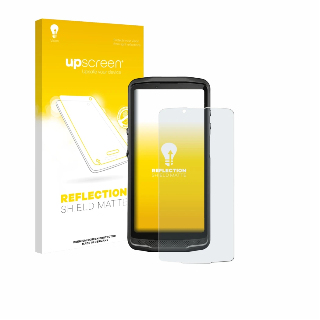 Face avant d’un emballage produit avec le logo de la marque upscreen. À côté, l’appareil Crosscall Core M6 est représenté avec