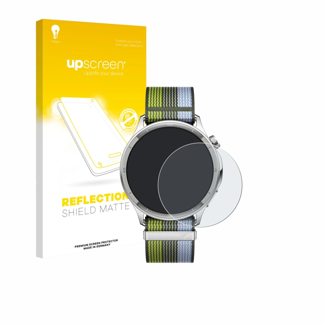 Face avant d’un emballage produit avec le logo de la marque upscreen. À côté, l’appareil Oppo Watch S est représenté avec la p
