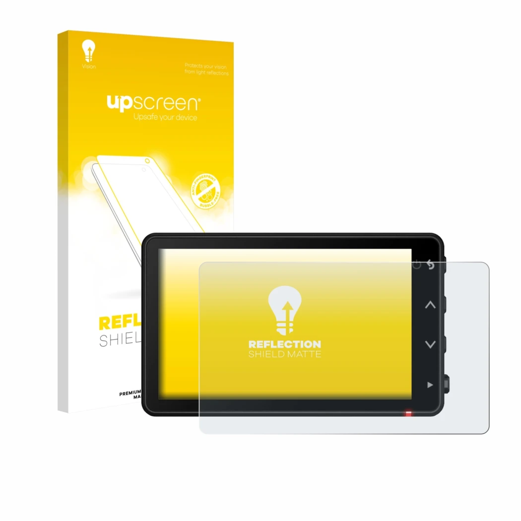 Face avant d’un emballage produit avec le logo de la marque upscreen. À côté, l’appareil Garmin Catalyst 2 est représenté avec