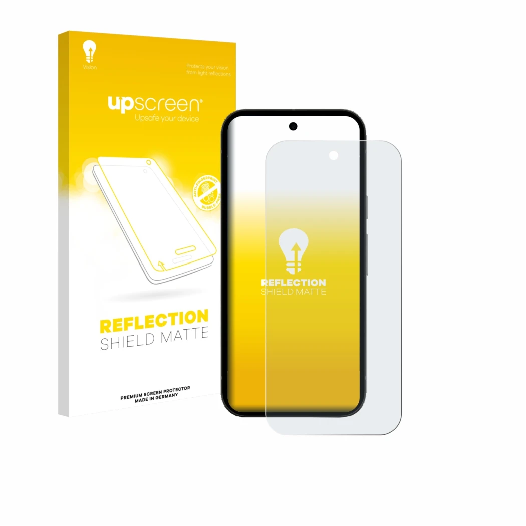 Face avant d’un emballage produit avec le logo de la marque upscreen. À côté, l’appareil Google Pixel 10a est représenté avec