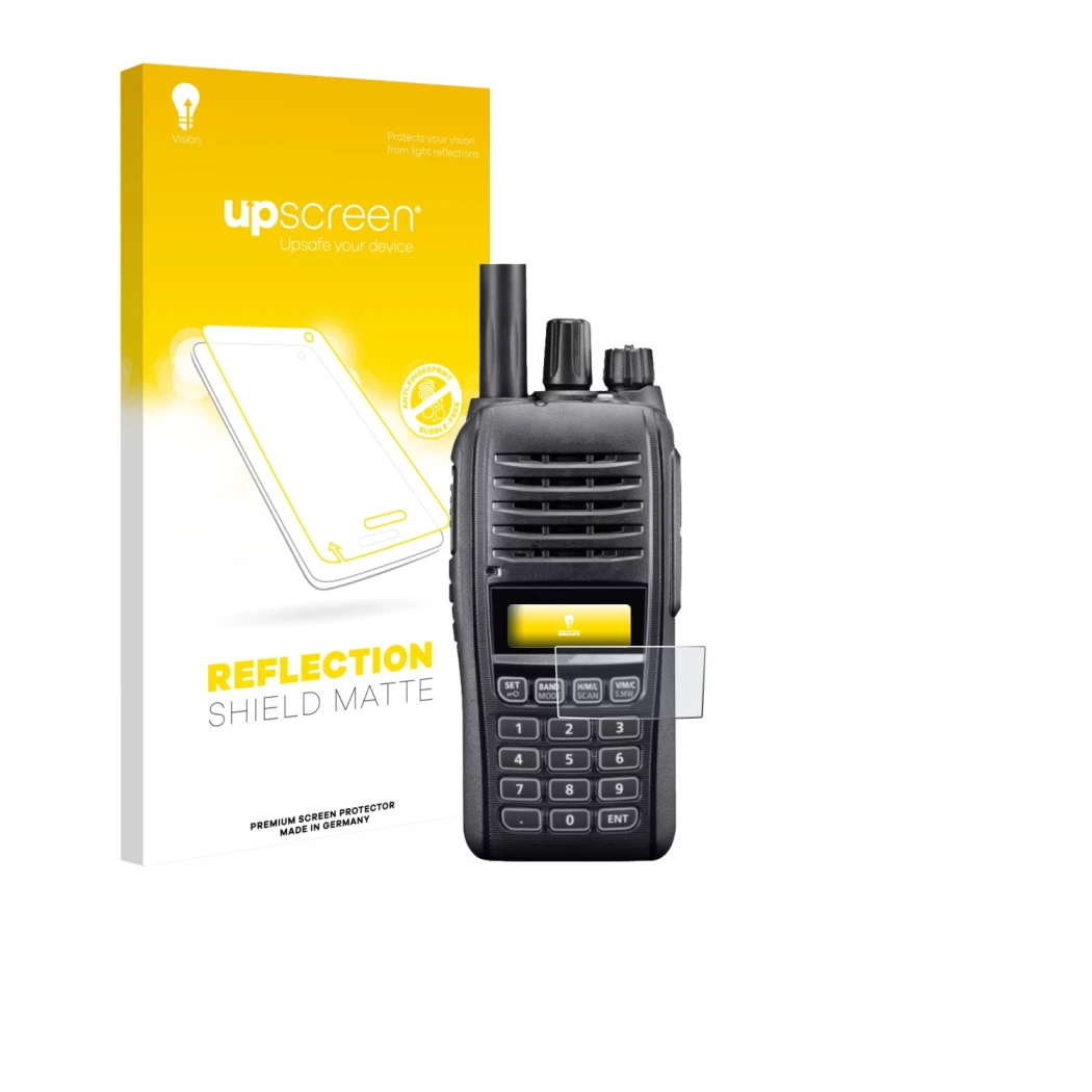 Face avant d’un emballage produit avec le logo de la marque upscreen. À côté, l’appareil Icom IC-T10 est représenté avec la pr