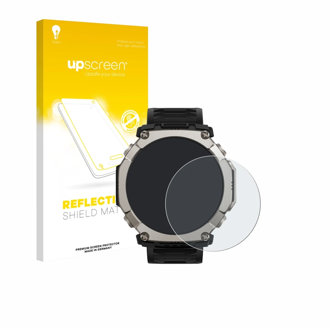 Face avant d’un emballage produit avec le logo de la marque upscreen. À côté, l’appareil Huami Amazfit T-Rex Ultra 2 est repré