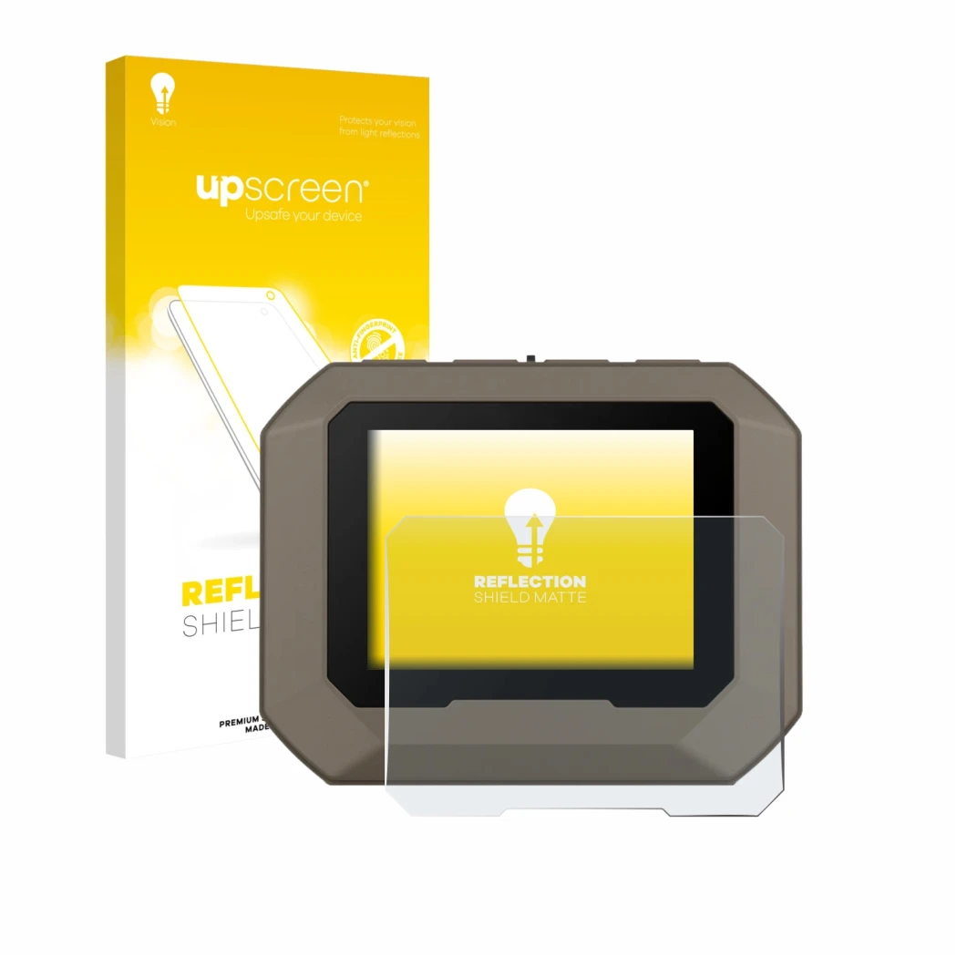 Face avant d’un emballage produit avec le logo de la marque upscreen. À côté, l’appareil Garmin Xero C2 est représenté avec la