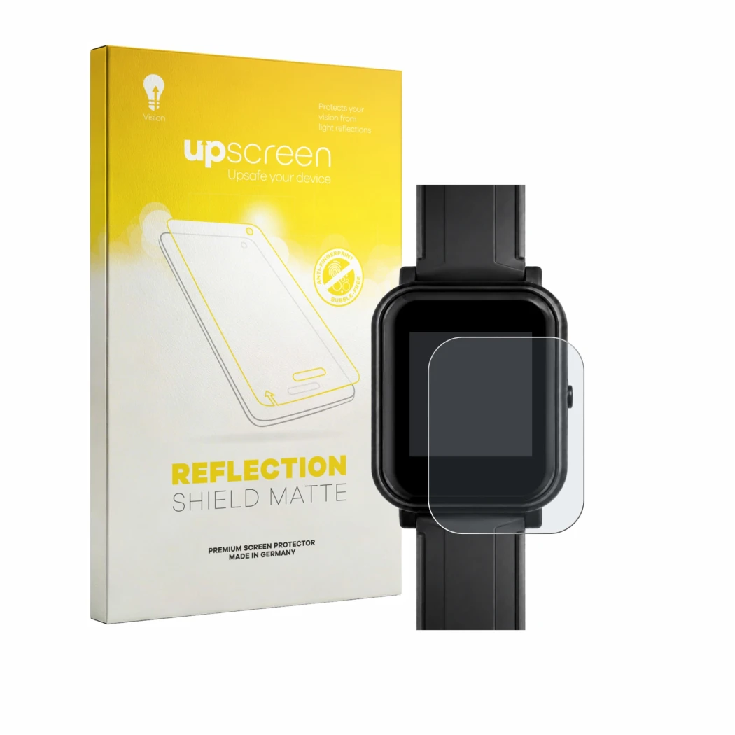 Face avant d’un emballage produit avec le logo de la marque upscreen. À côté, l’appareil Bangle.js 2 est représenté avec la pr