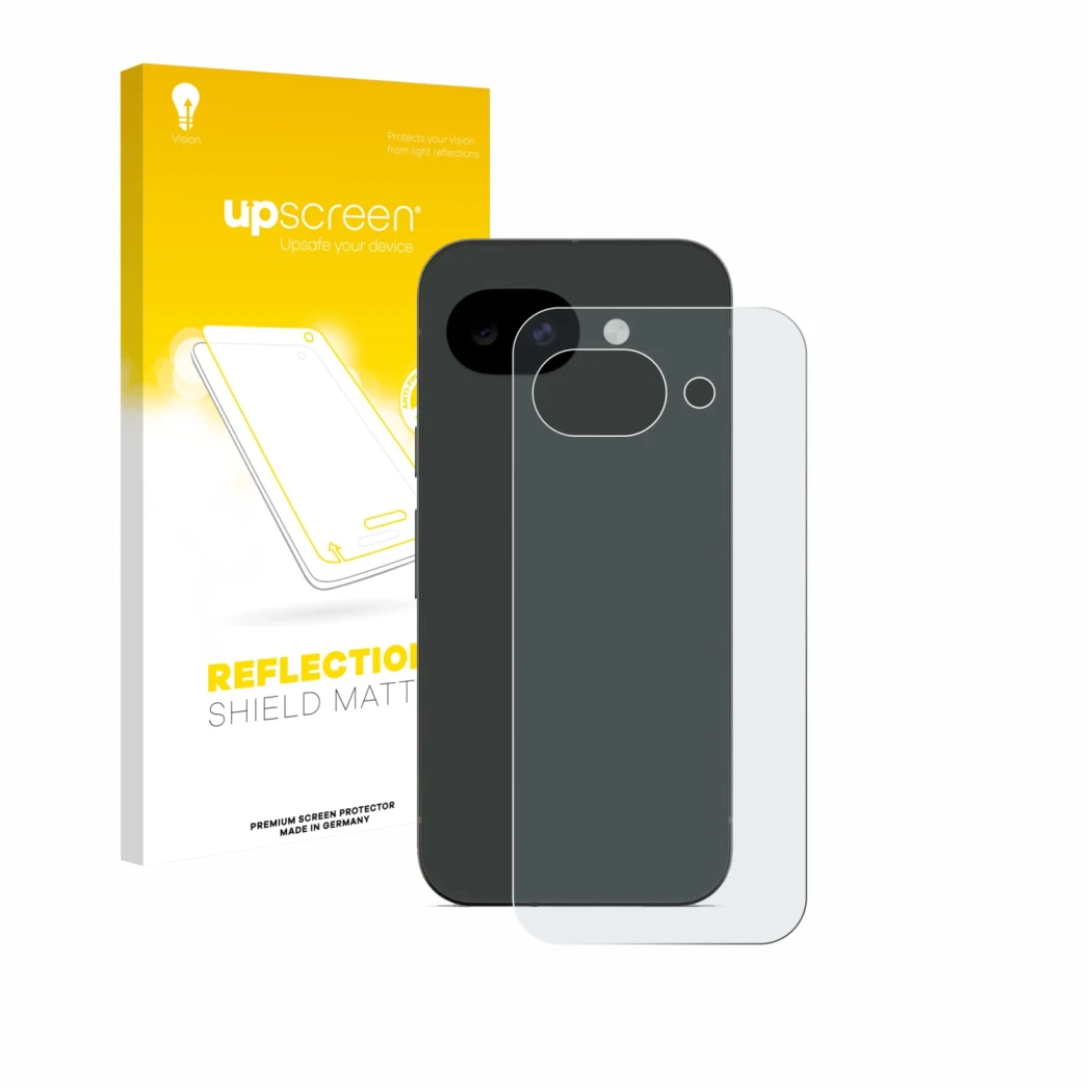 Face avant d’un emballage produit avec le logo de la marque upscreen. À côté, l’appareil Google Pixel 10a (Arrière) est représ