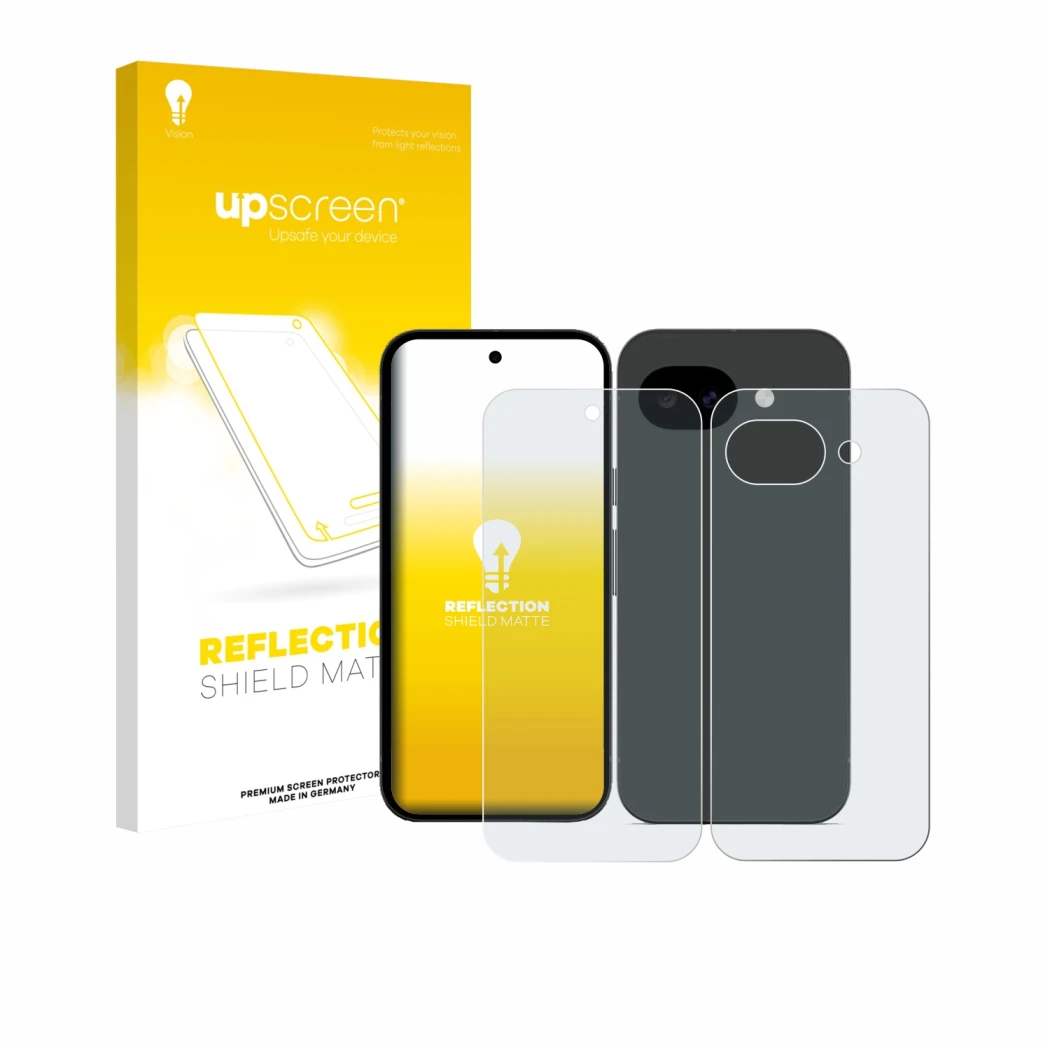 Face avant d’un emballage produit avec le logo de la marque upscreen. À côté, l’appareil Google Pixel 10a (Avant+Arrière) est 