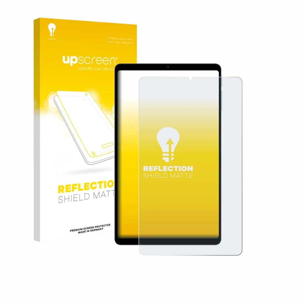 Face avant d’un emballage produit avec le logo de la marque upscreen. À côté, l’appareil Teclast T50 Mini est représenté avec