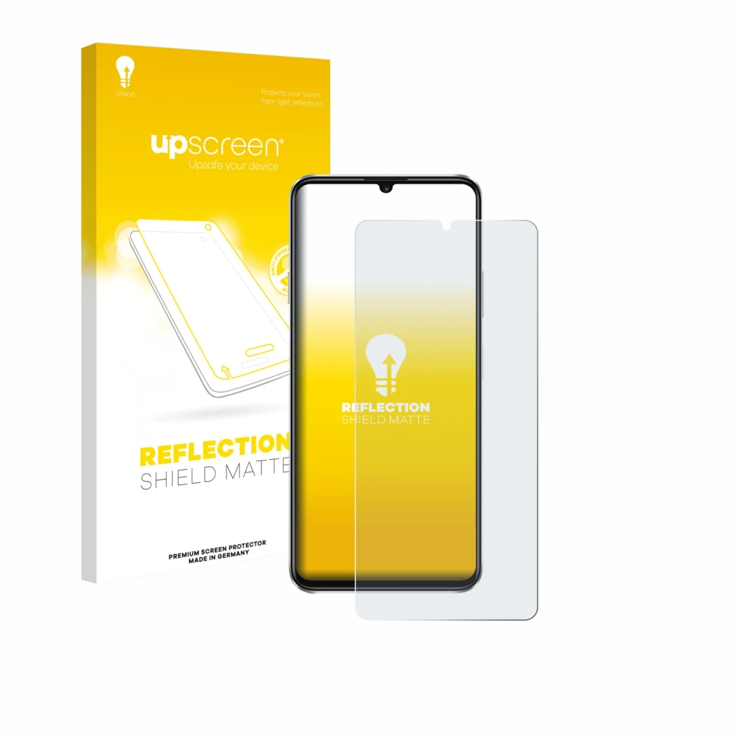 Face avant d’un emballage produit avec le logo de la marque upscreen. À côté, l’appareil Huawei Nova Y72S est représenté avec 