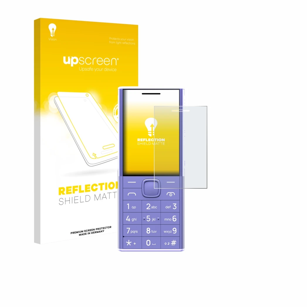 Face avant d’un emballage produit avec le logo de la marque upscreen. À côté, l’appareil Nokia 150 Music est représenté avec l