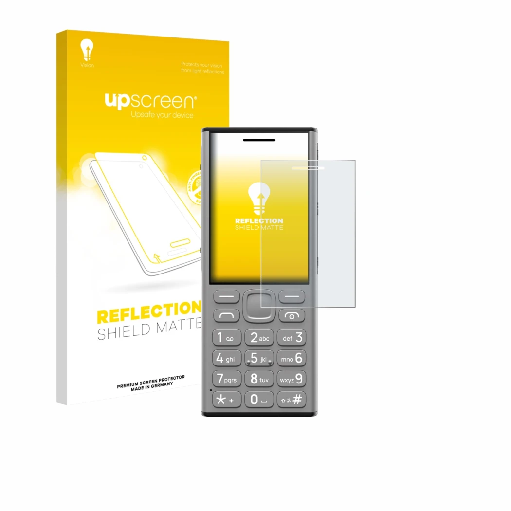 Face avant d’un emballage produit avec le logo de la marque upscreen. À côté, l’appareil Nokia 130 Music est représenté avec l