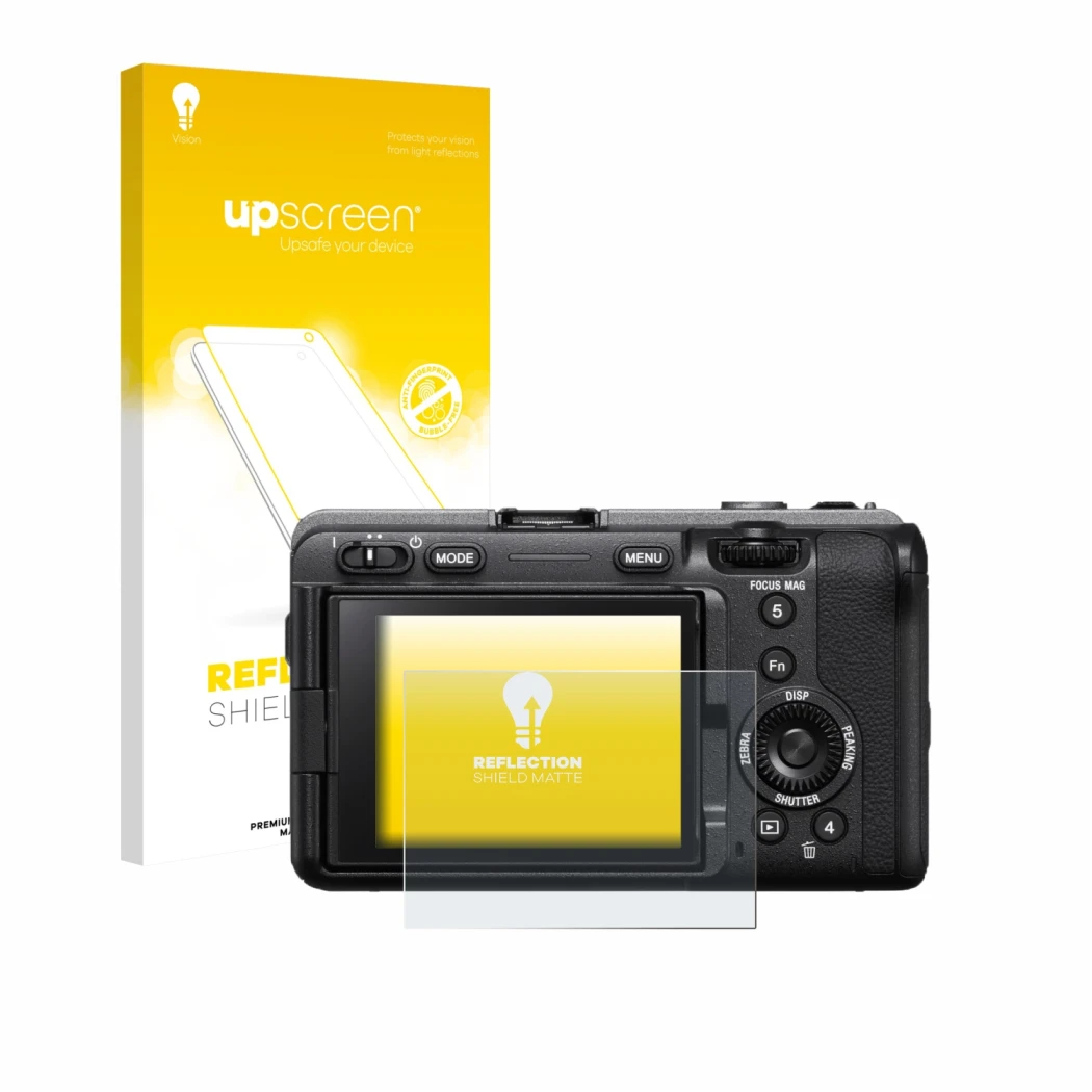 Face avant d’un emballage produit avec le logo de la marque upscreen. À côté, l’appareil Sony FX3A (ILME‑FX3A) est représenté