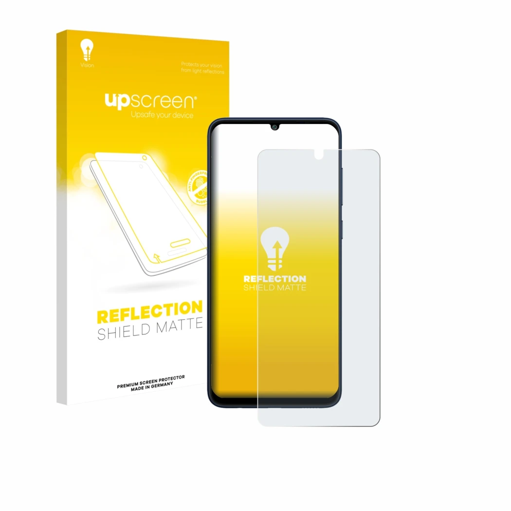 Face avant d’un emballage produit avec le logo de la marque upscreen. À côté, l’appareil Samsung Galaxy F05 est représenté ave