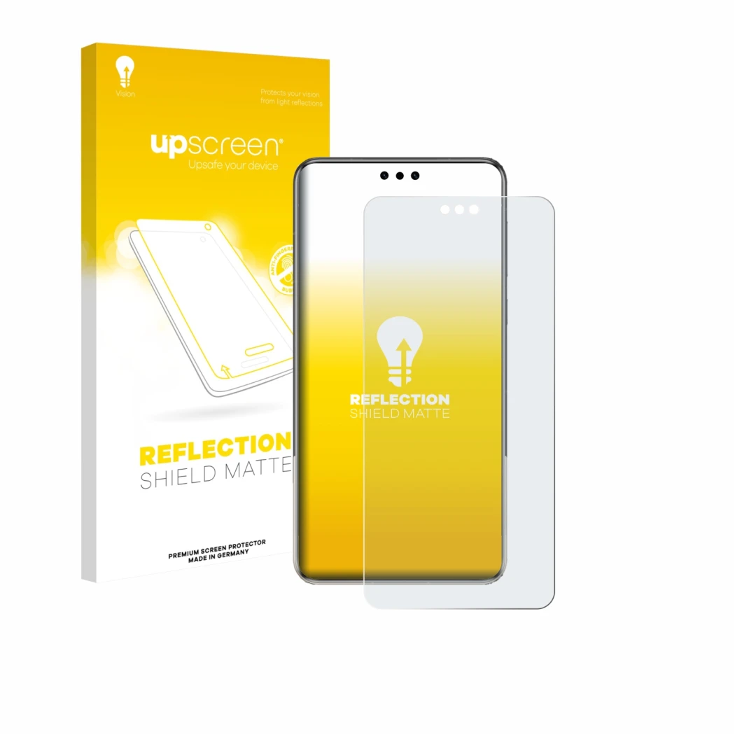 Face avant d’un emballage produit avec le logo de la marque upscreen. À côté, l’appareil Huawei Mate 60 Pro Plus est représent
