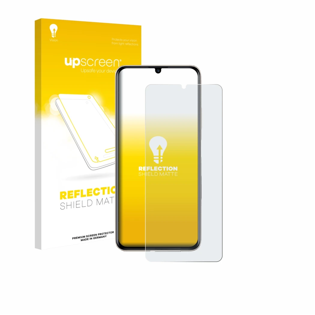 Face avant d’un emballage produit avec le logo de la marque upscreen. À côté, l’appareil Huawei Nova Y71 est représenté avec l