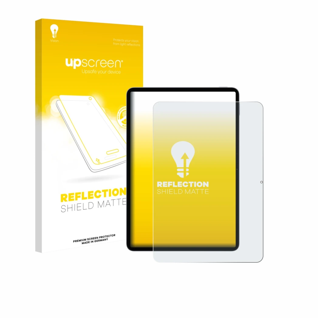 Face avant d’un emballage produit avec le logo de la marque upscreen. À côté, l’appareil Xiaomi Pad 8 est représenté avec la p