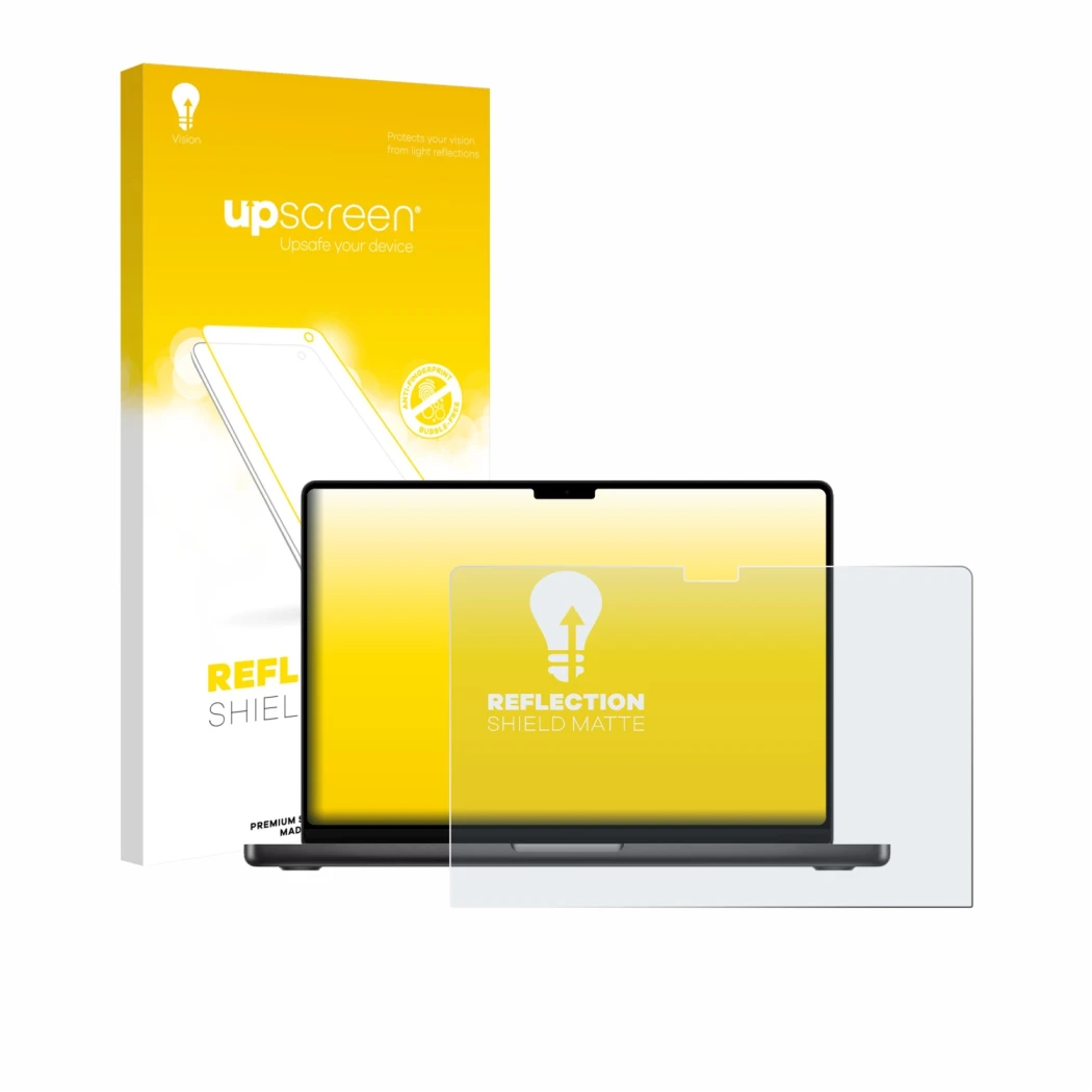 Face avant d’un emballage produit avec le logo de la marque upscreen. À côté, l’appareil Apple MacBook Pro 16