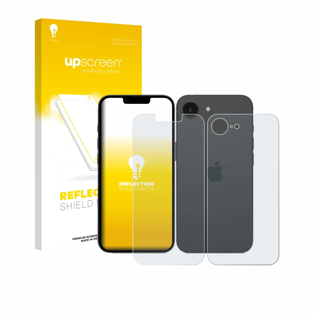 Face avant d’un emballage produit avec le logo de la marque upscreen. À côté, l’appareil Apple iPhone 17e (Avant+Arrière) est