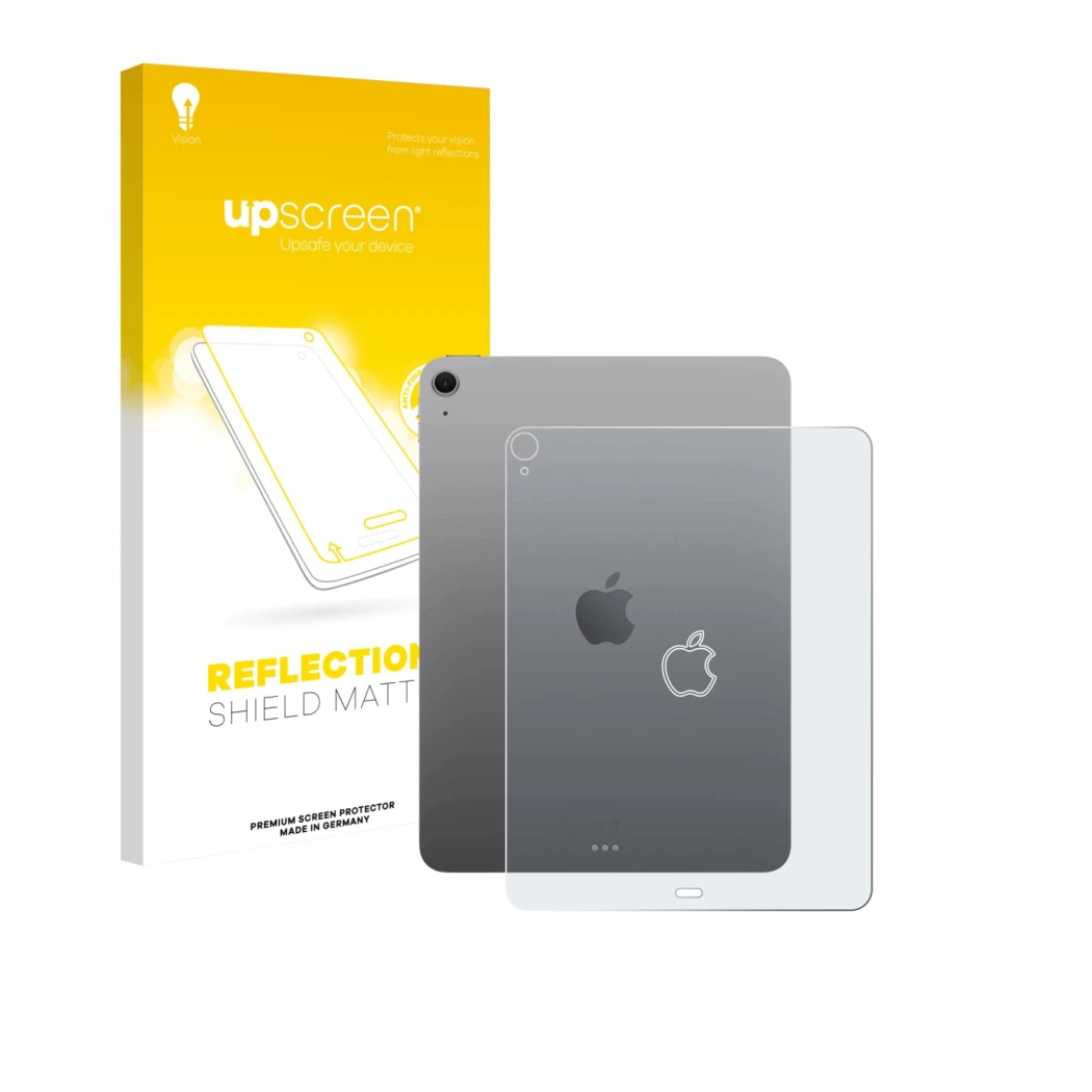 Face avant d’un emballage produit avec le logo de la marque upscreen. À côté, l’appareil Apple iPad Air 13