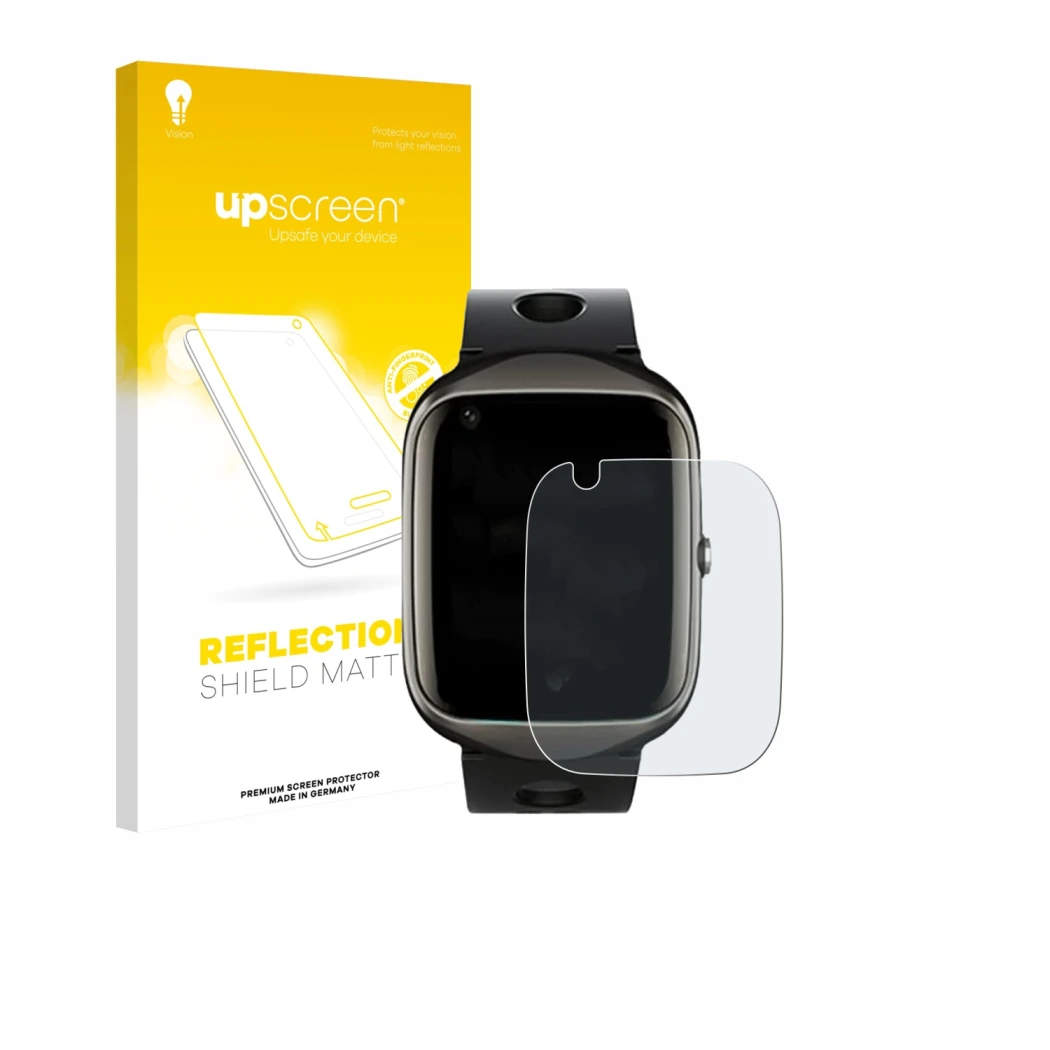 Face avant d’un emballage produit avec le logo de la marque upscreen. À côté, l’appareil ABUBU SmartWatch PBL2 est représenté