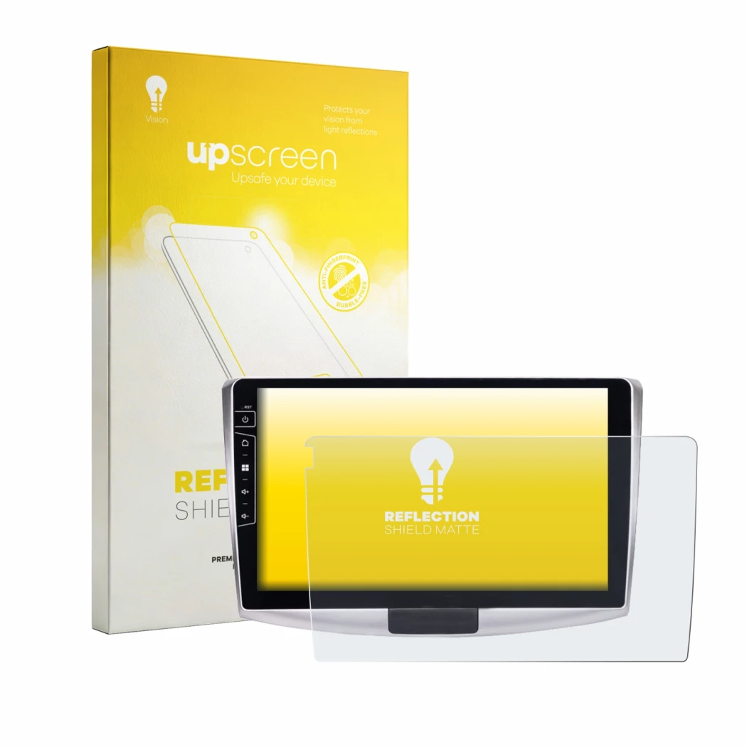 Face avant d’un emballage produit avec le logo de la marque upscreen. À côté, l’appareil Dynavin D9-B6S Premium Flex 10.1