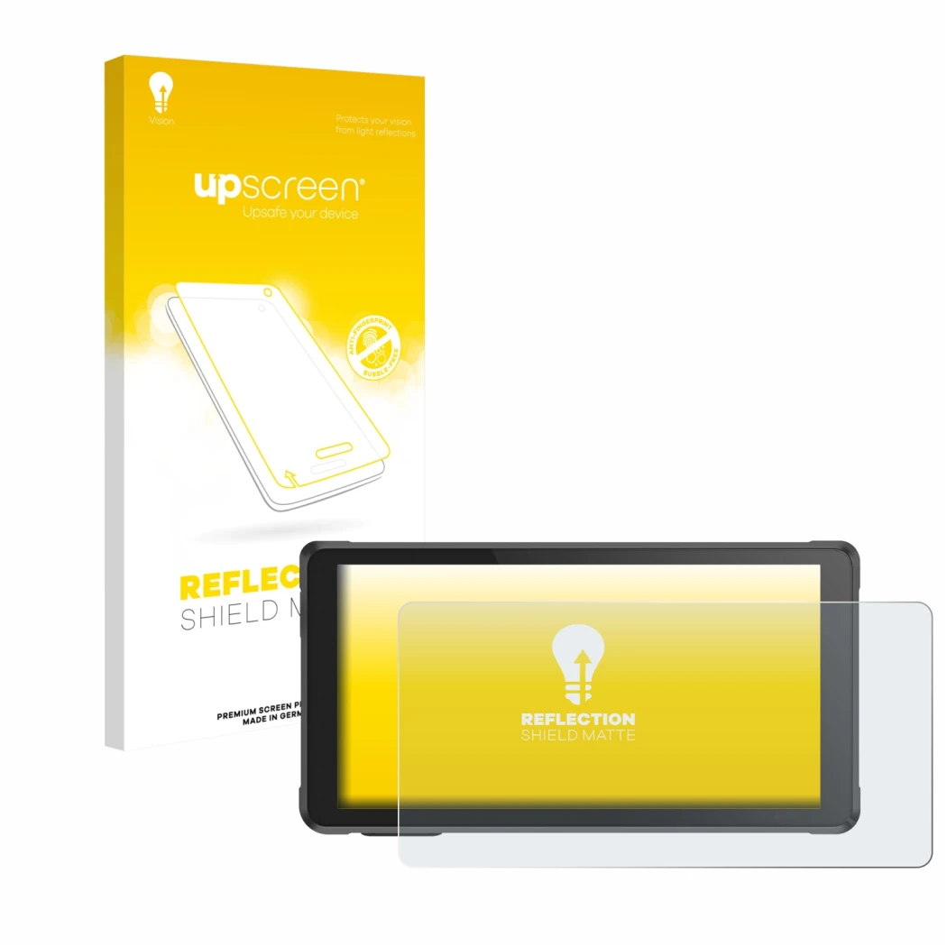 Face avant d’un emballage produit avec le logo de la marque upscreen. À côté, l’appareil Interphone RideSync est représenté av